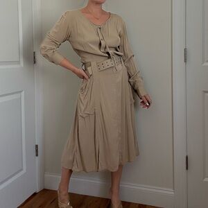 DKNY Beige Long Sleeve Vintage Safari Style Silk Dress